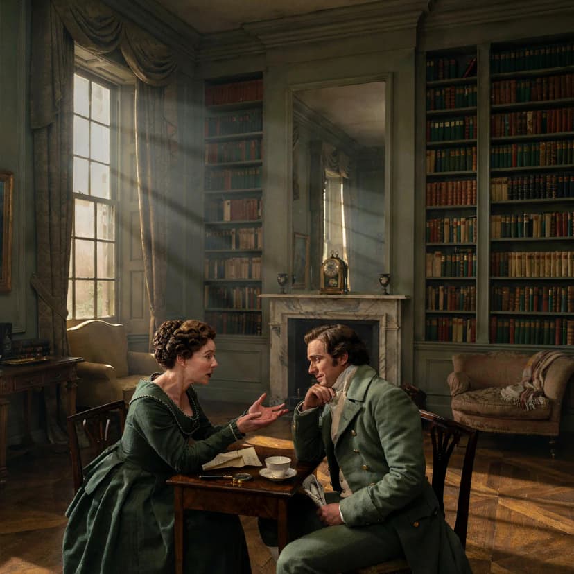 A lively discussion unfolds between the Bennet couple in their parlor.